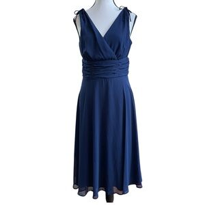 Dress Barn Elegant Navy Wrap V-Neck Gathering Waist Bowtie Shoulders Midi Dress